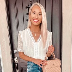 Crochet Lace Trim V-Neck Blouse White Swiss Dots